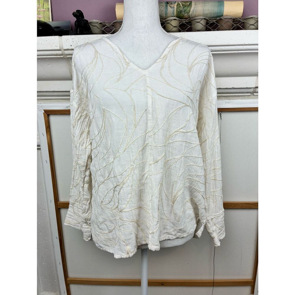 Peace Love World Cream on cream Textured V-Neck Long Sleeve Top oversized